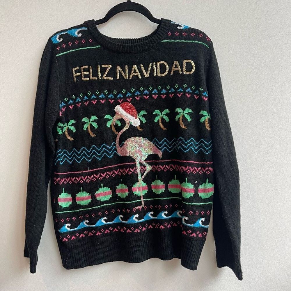 Poof New York Womens Sweater Christmas Sequin Flamingo Feliz Navidid Crewneck Bl